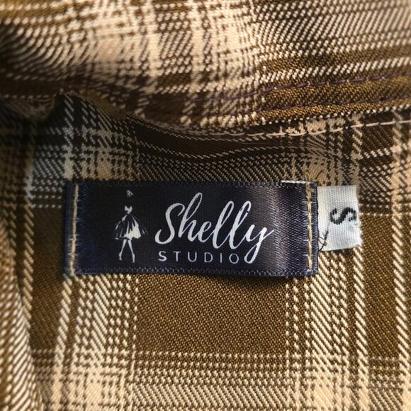 Vintage 50's Inspired Brown & Cream Plaid Belted Midi Dress sz S - Picture 7 of 7